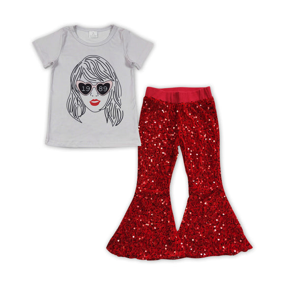 Heart glasses top red sequin pants singer girls outfits
