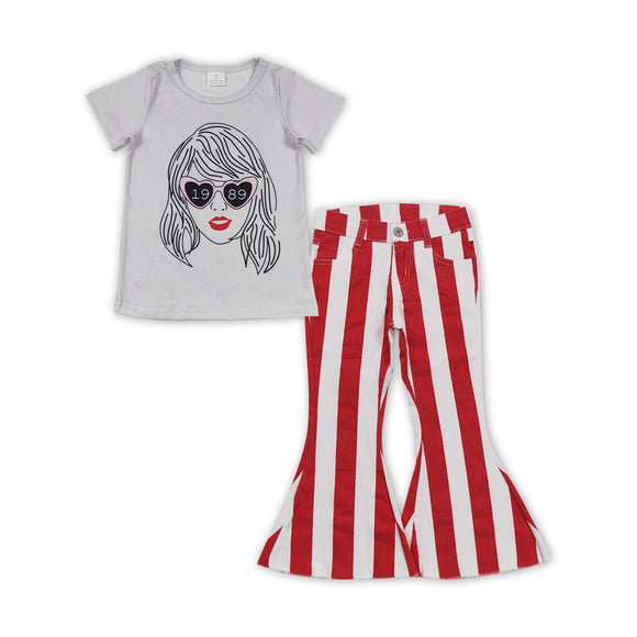 Heart glasses top red stripe jeans singer girls clothes
