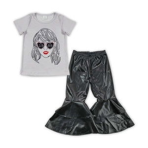 Hear glasses top black ruffle pants singer girls set