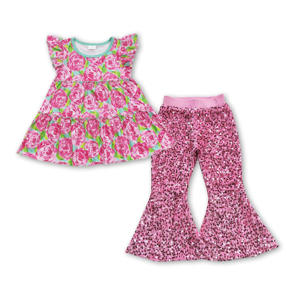 Pink floral tunic sequin pants girls clothing set