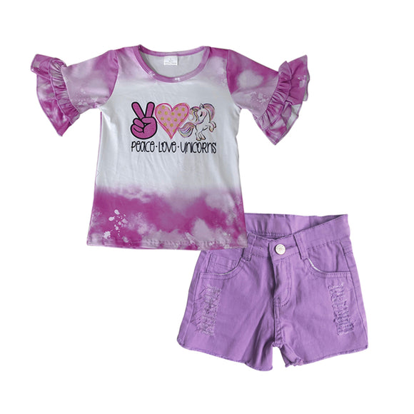 summer unicorn top +  purple Denim shorts outfits
