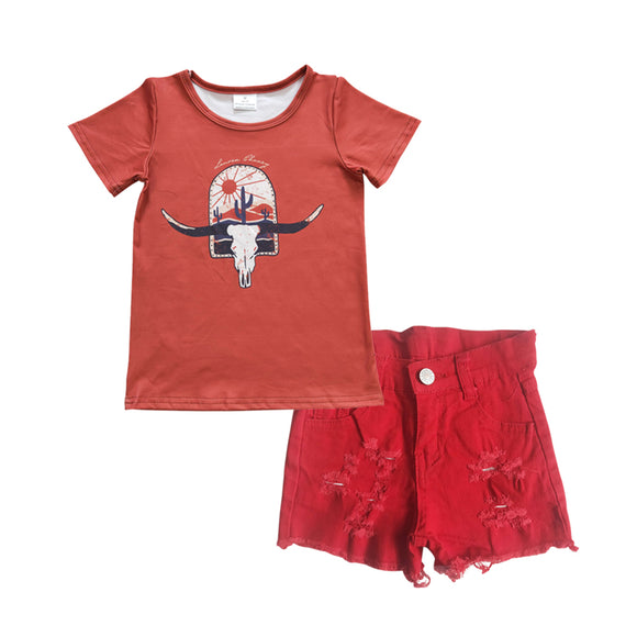 summer  western skull cow top + red Denim shorts outfits