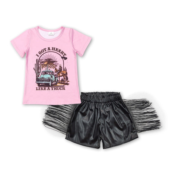 Heart truck top tassels leather shorts girls clothes