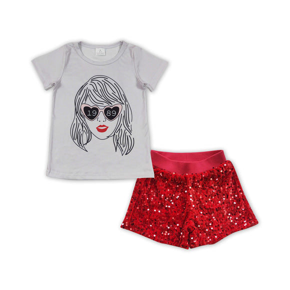 Heart glasses top red sequin shorts singer girls clothes