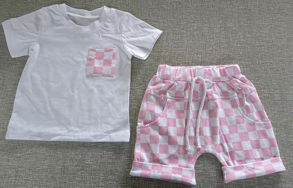 White pocket shirt pink plaid shorts baby kids clothes