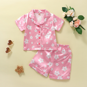 Short sleeves pink floral pocket girls summer pajamas