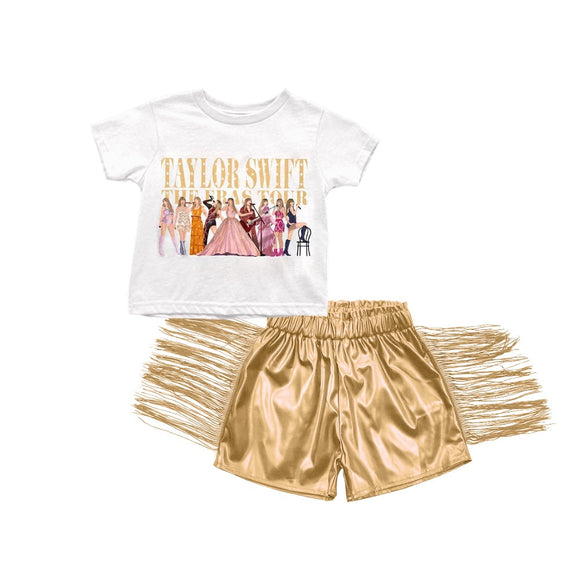 White top gold tassels leather shorts singer girls clothes