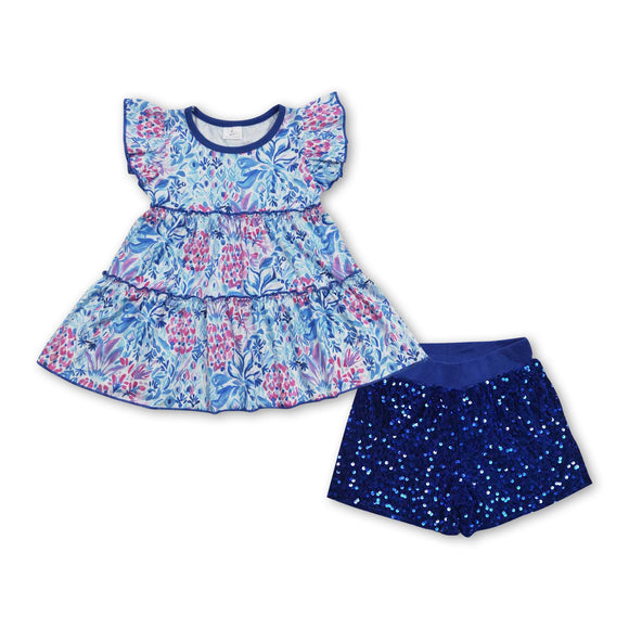 Blue watercolor tunic sequin shorts girls clothing