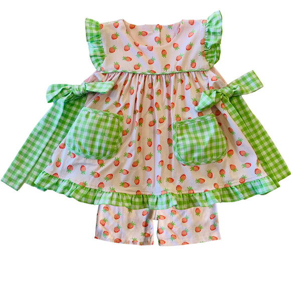 Green plaid strawberry pocket tunic shorts girls spring set