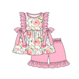 Pink ruffles floral tunic shorts girls spring summer outfits