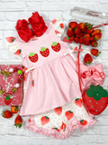 Pink embroidery strawberry tunic ruffle shorts girls clothing set
