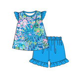 Blue floral watercolor top ruffle shorts girls clothes
