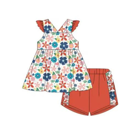 Flutter sleeves floral tunic ruffle shorts girls summer apparel
