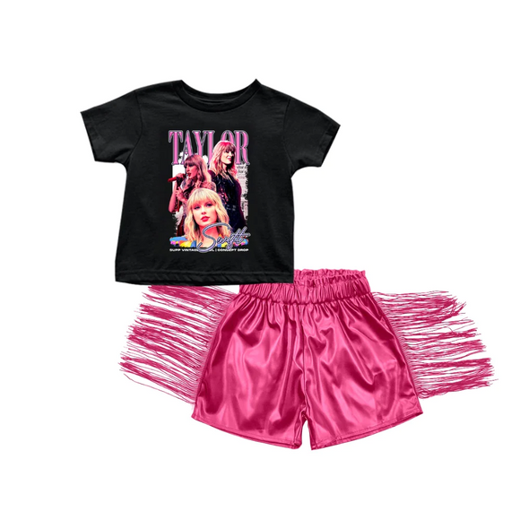 Black top hot pink tassels shorts singer girls outfits