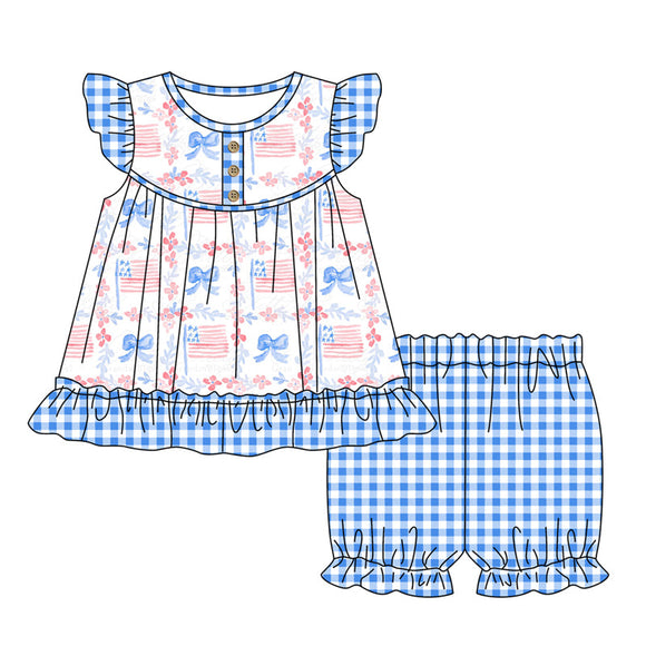 Blue plaid flutter sleeves bow flag girls 4th of july clothes