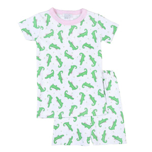 Pink short sleeves crocodile girls summer pajamas