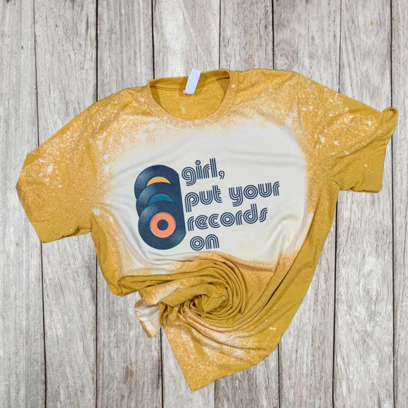 Yellow bleached short sleeves records adult women shirt