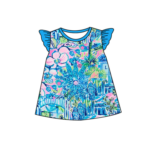 Flutter sleeves blue watercolor floral girls shirt