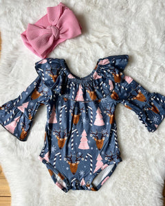 Pink trees and brown deer baby romper