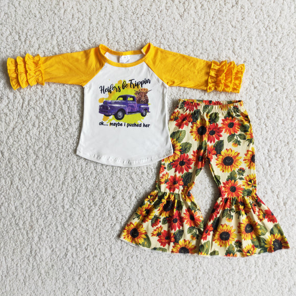 girls clothing long sleeve  sunflower print outfits