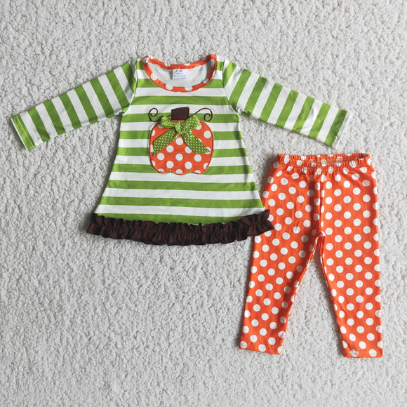 Halloween Embroidered pumpkin with green stripes girls clothing long sleeve outfits
