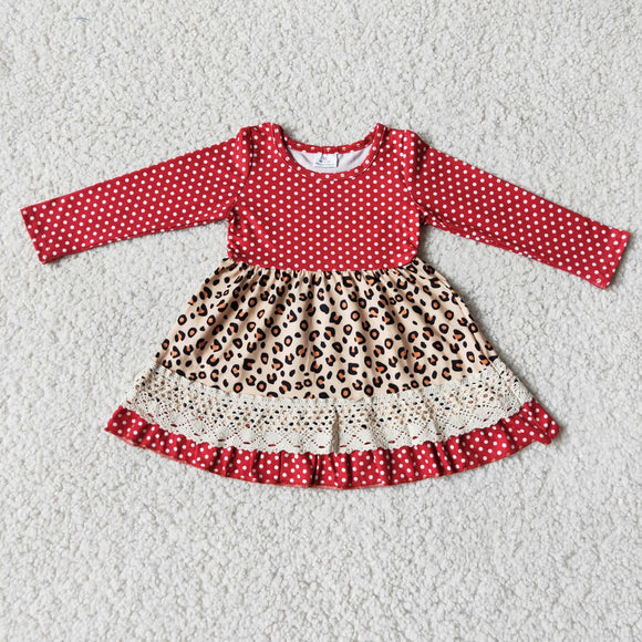 Red polka dot leopard print lace long sleeve skirt