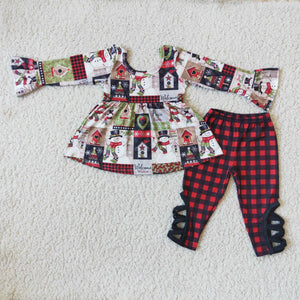 Snowman long-sleeved top red plaid trouser suit