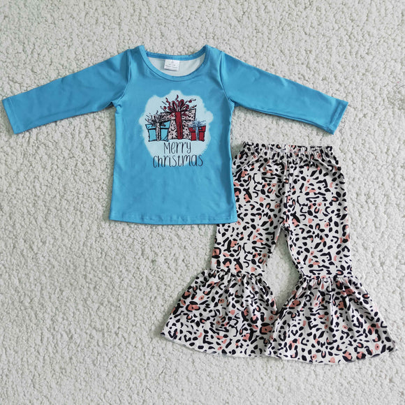 Christmas gift blue long-sleeve leopard print girls clothing  outfits