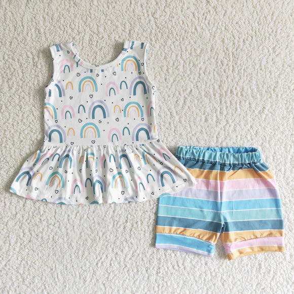 Sleeveless rainbow stripe summer girl outfit