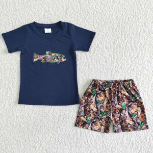 Embroidery boy's  fish print Summer outfits