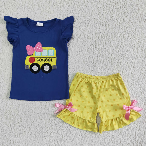 Embroidery back to school blue and yellow girl clothing