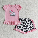 Summer Embroidery cartoon pink cow clothing