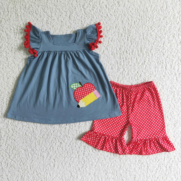 Embroidery red apple blue girl clothing