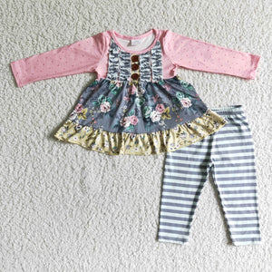 Pink flower long sleeve top + stripe pants fall girls clothing