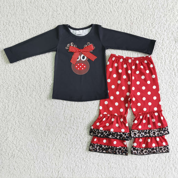 Christmas  reindeer black and red dot girls clothing long sleeve outfits