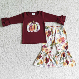 Embroidery Dark red pleated Pumpkin long sleeves + floral bell bottoms for girls