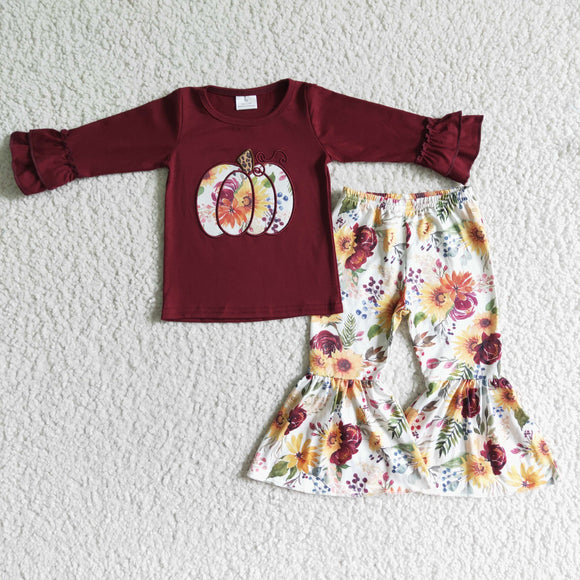 Embroidery Dark red pleated Pumpkin long sleeves + floral bell bottoms for girls