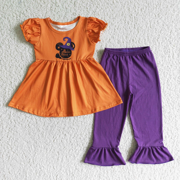 Halloween Orange bubble sleeve + purple pantsuit for girls