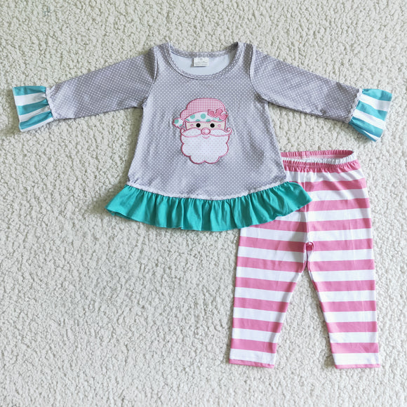 Christmas  embroidered grey and pink stripe outfits