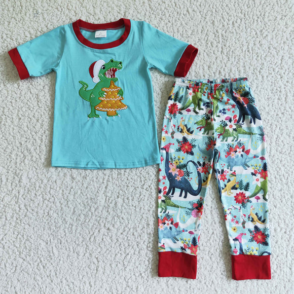Christmas blue Dinosaur boy Pajamas embroidered