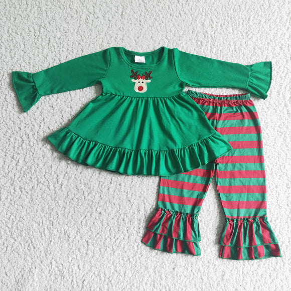 Christmas green deer print + red and green stripe pants girls outfits