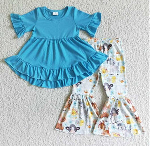 summer blue farm cartoon girl clothing