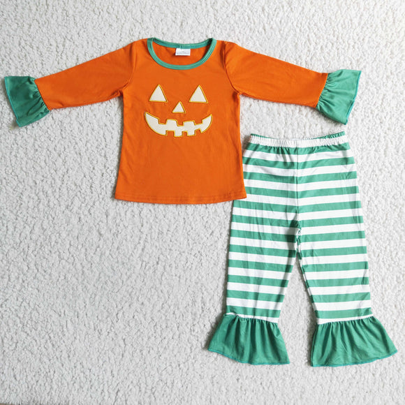 embroidery green stripe pumpkin girl clothing