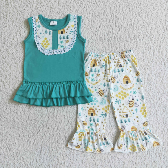 summer green bee top and  cropped trousers girl clothing