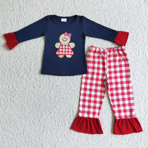 Christmas blue long sleeve top + red plaid trousers girl pajamas