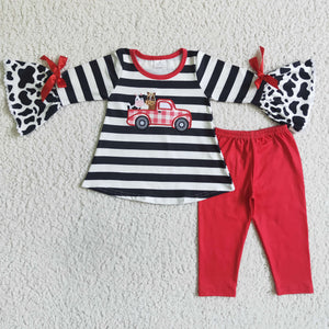 Black and white striped cow print + red pants girls clothing