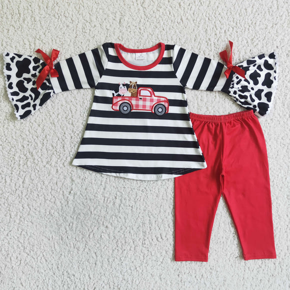 Black and white striped cow print + red pants girls clothing