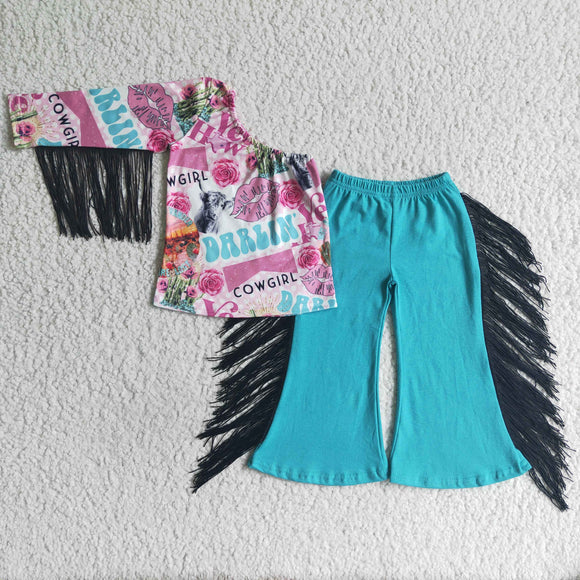 fall cow blue tassel girls clothing