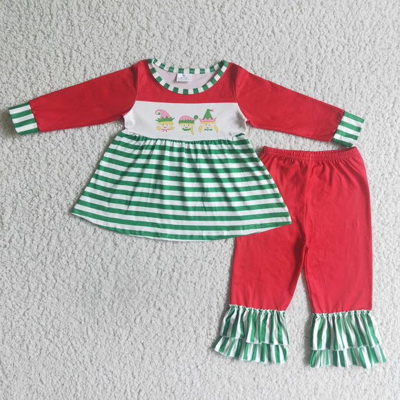 Christmas Red top + green striped girl suit