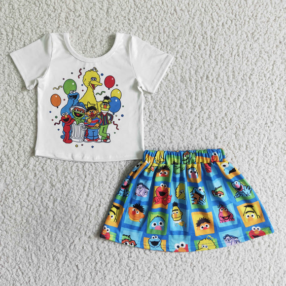 white cartoon t-shirt+blue dress